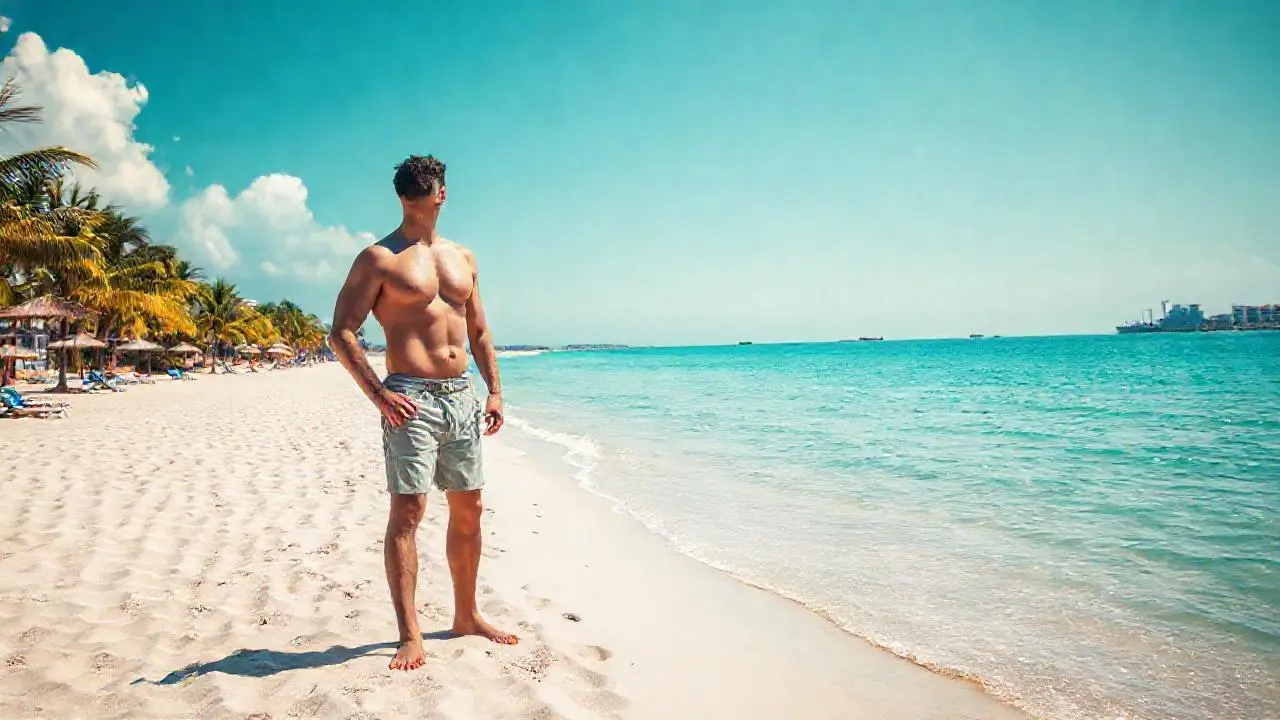 Playa tranquila, luz cálida y serena