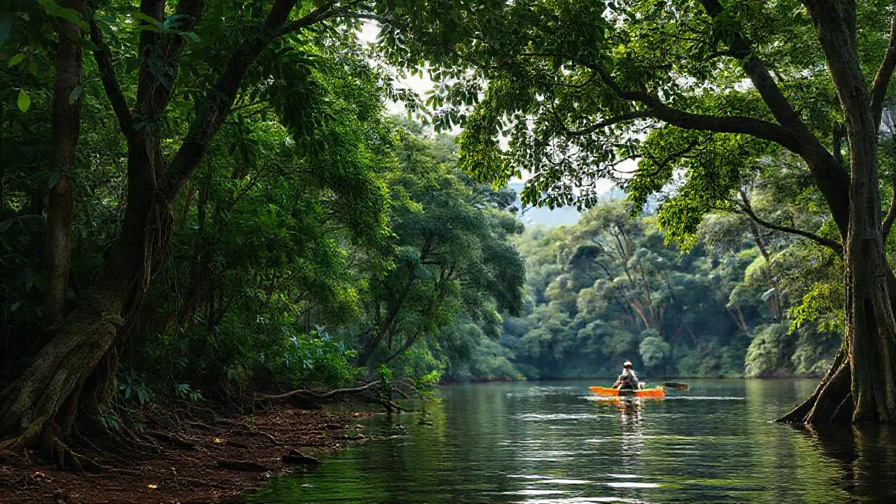 Paz selva, kayakista en agua tranquila
