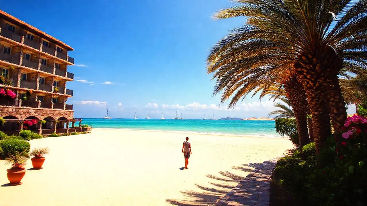 Playa serena bajo luz cálida y amplia