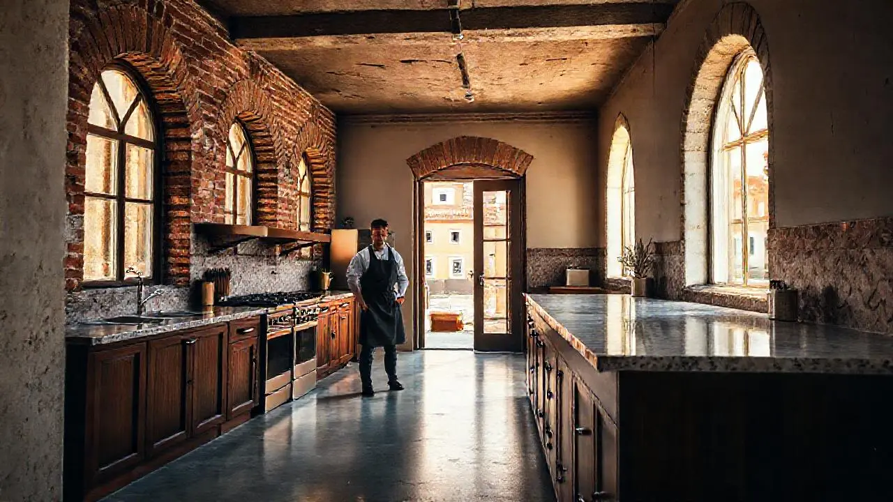 Cocina elegante, luminosa y ligeramente envejecida