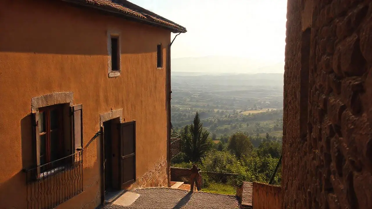 Edificio rústico, paisaje vasto y sereno