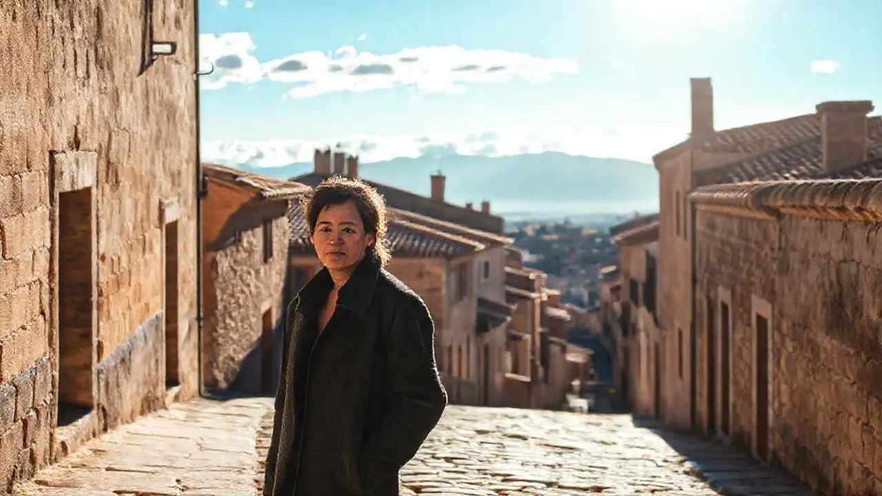 Calle española tranquila, luz suave y cálida