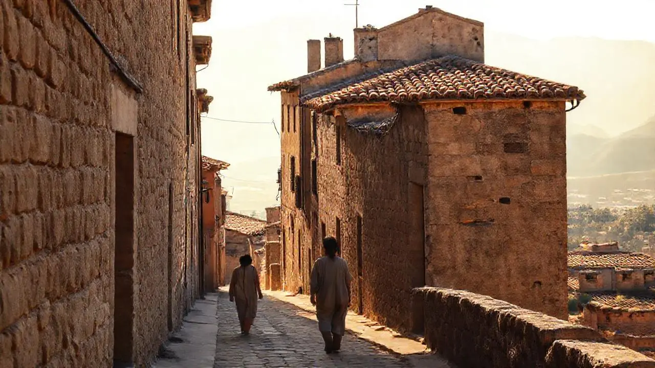 Pueblo antiguo, tranquilo y ligeramente brumoso