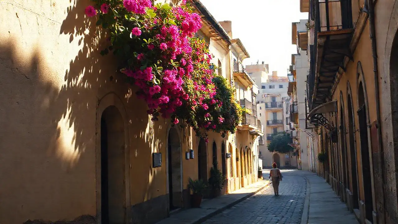 Pueblo colonial, luz cálida y ambiente sereno