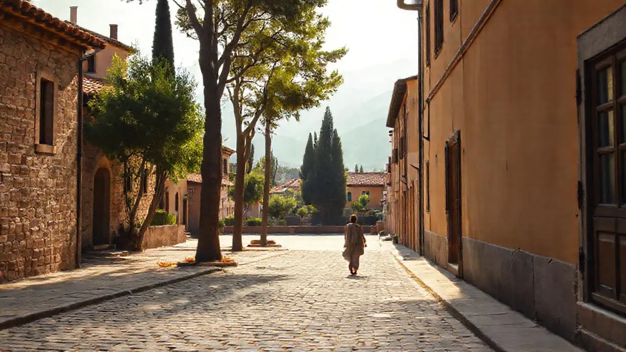 Pueblo antiguo, tranquilo y ligeramente brumoso