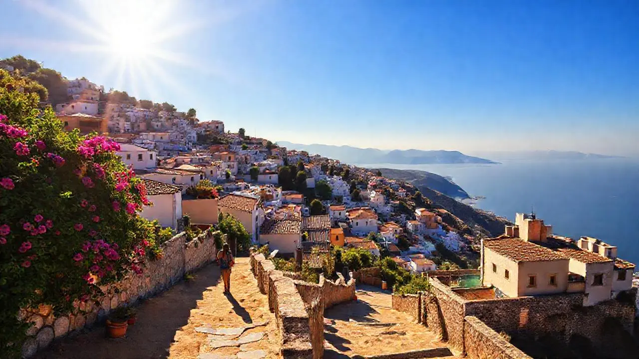 Pueblo mediterráneo soleado, tranquilo y amplio