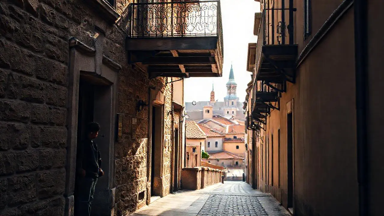 Una calle antigua, tranquila y luminosa