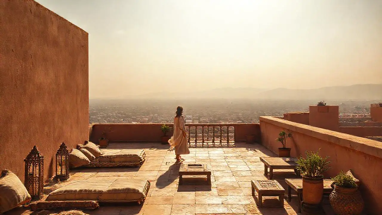 Terraza marroquí serena bajo luz cálida