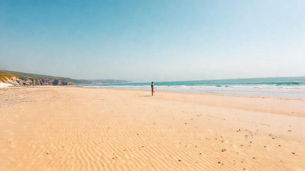 Playa extensa, calma, luz suave y lejana