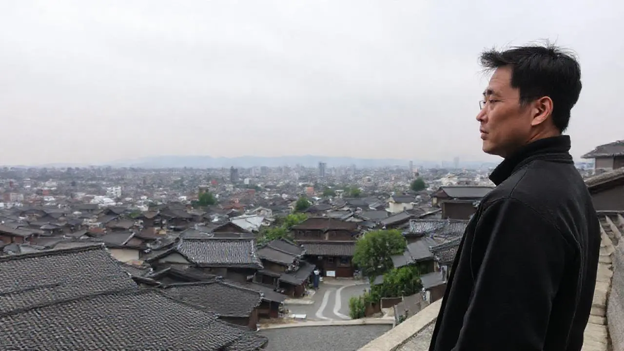 Pueblo japonés tranquilo, neblina y luz suave