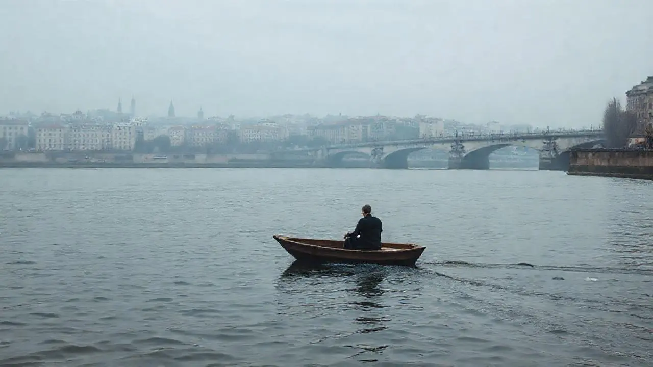 Paz fluvial, ciudad lejana y luz tenue