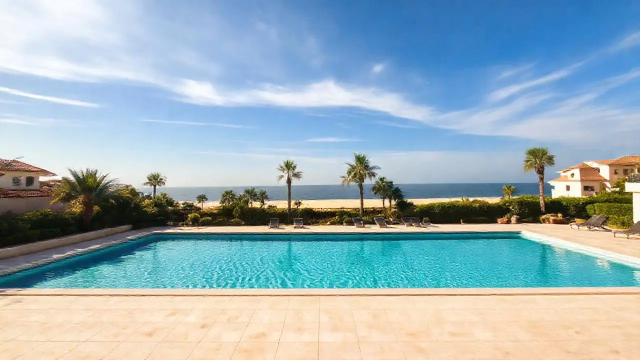 Tranquila escena costera de piscina y relax