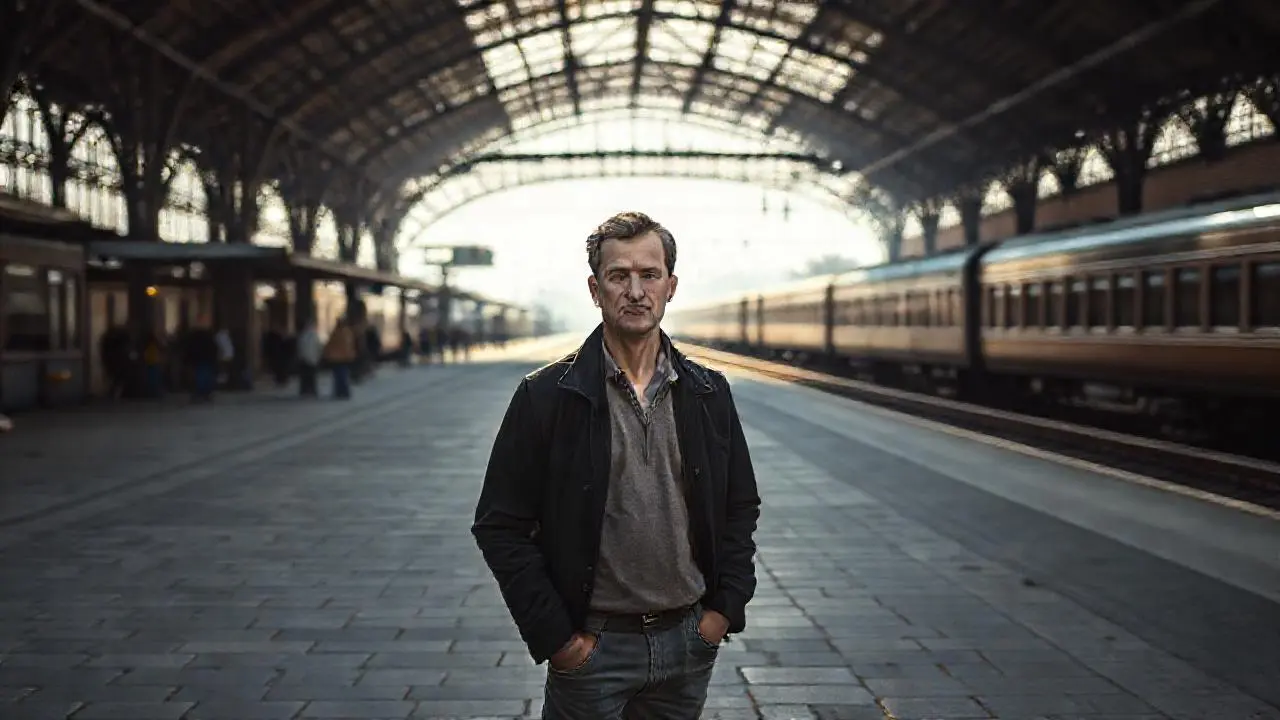 Estación soleada, hombre solitario, perspectiva lejana
