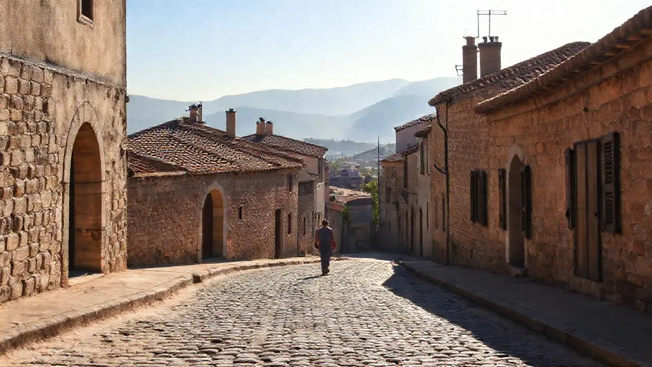 Calle rural antigua, luz suave y quieta