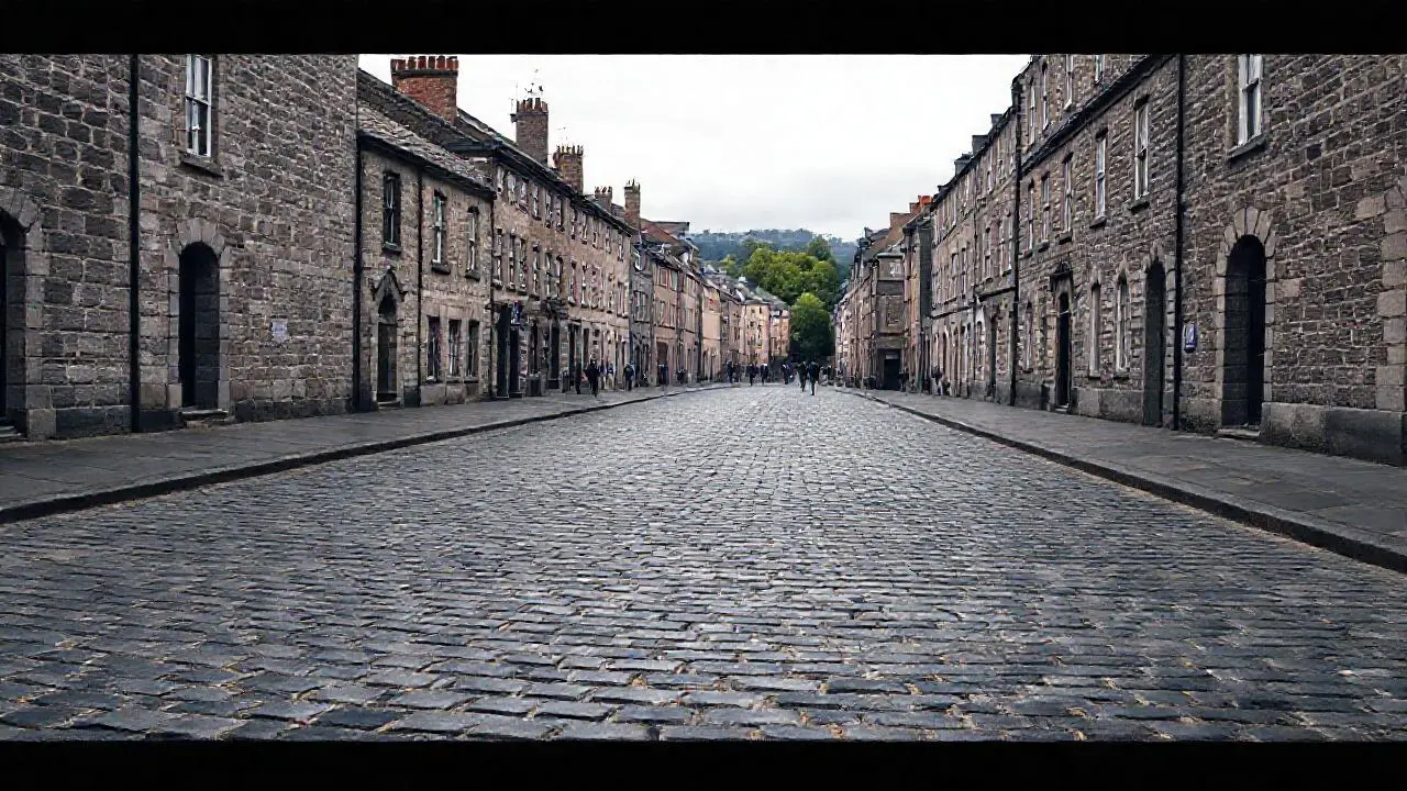 Calle antigua y gris, ambiente tranquilo