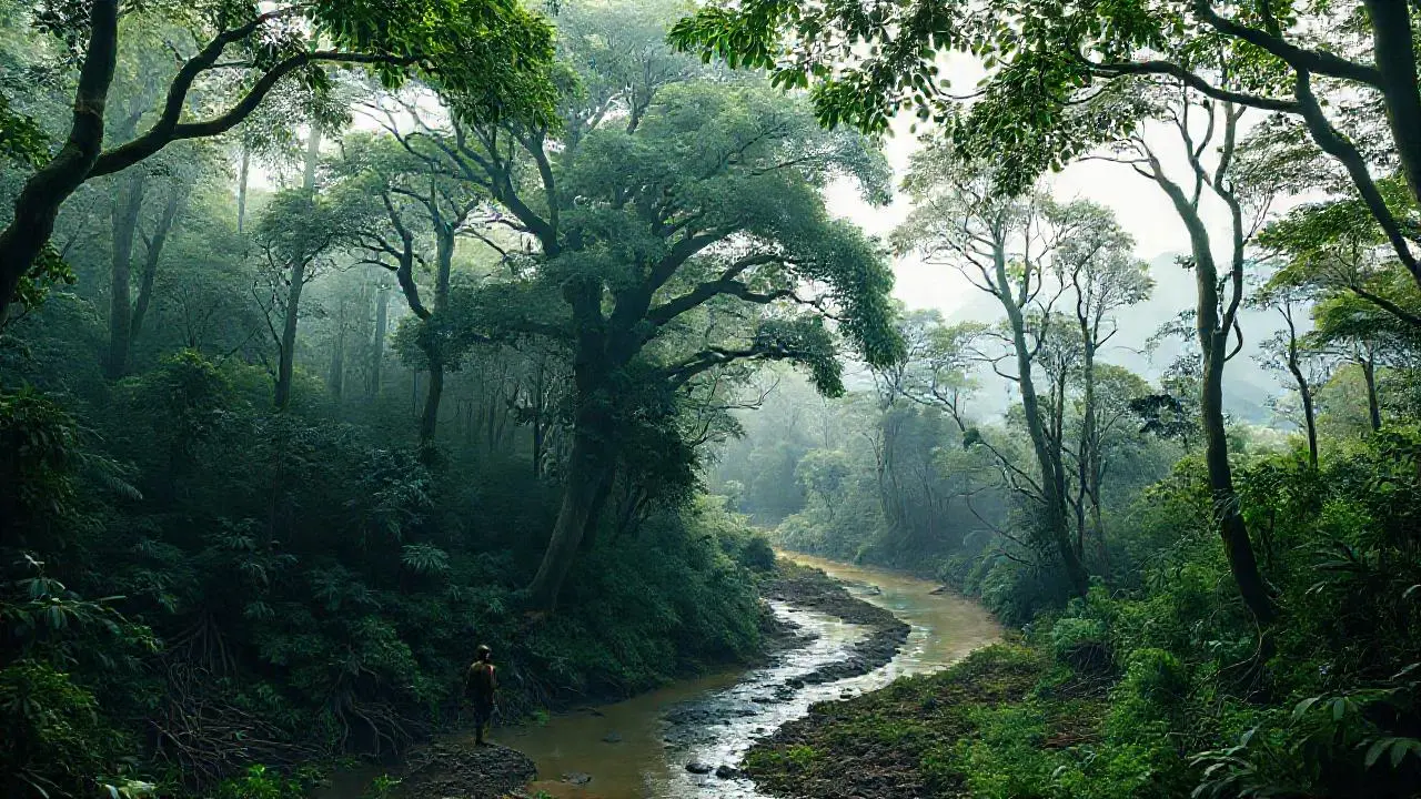 Selva exuberante, figura silenciosa en calma