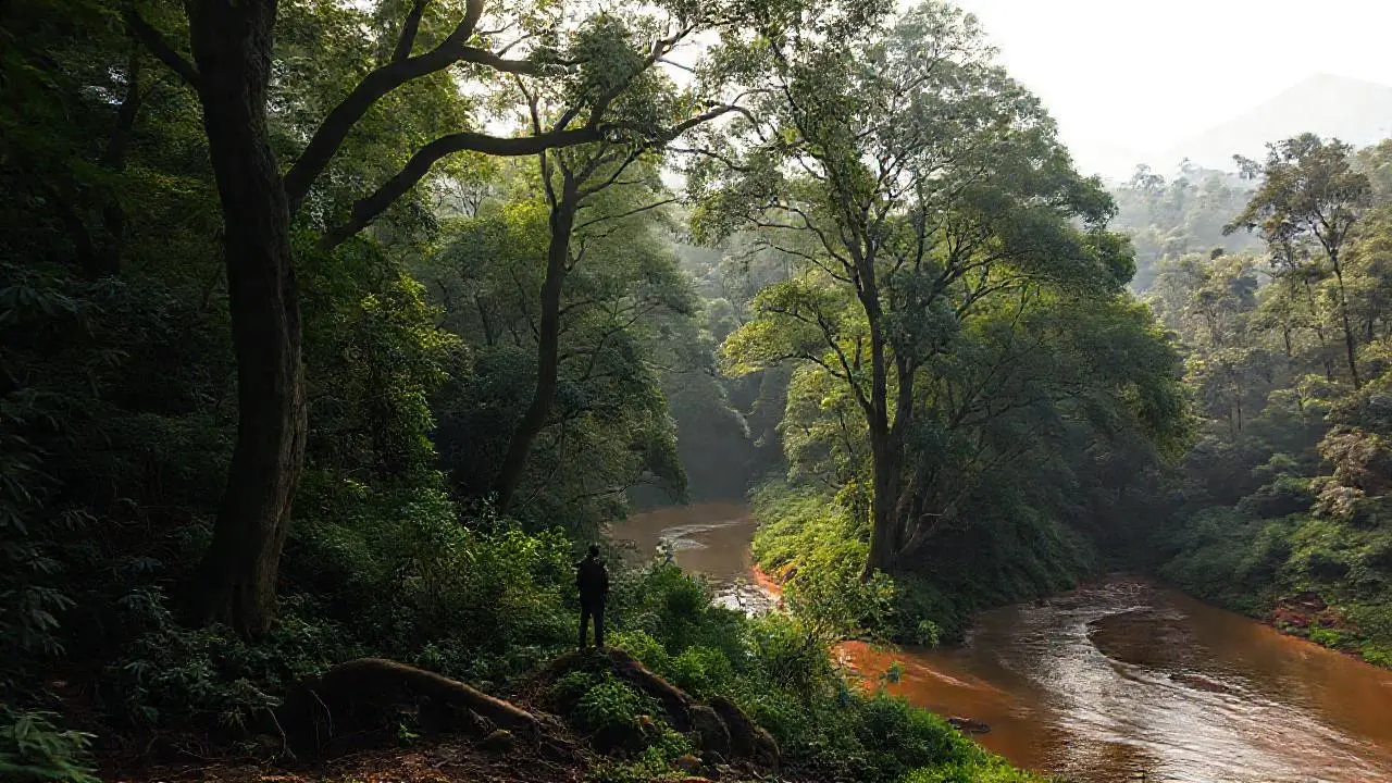 Selva exuberante y tranquila, con figura humana