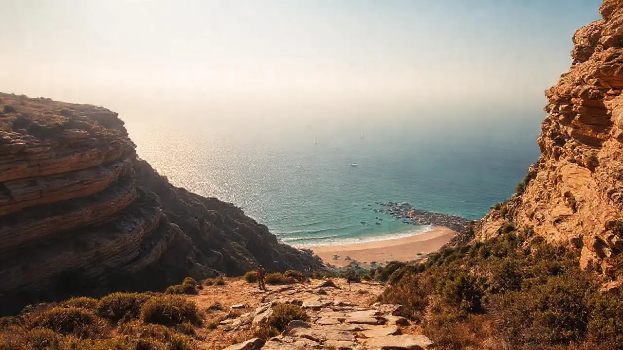 Costa agreste, luz cálida, mar distante