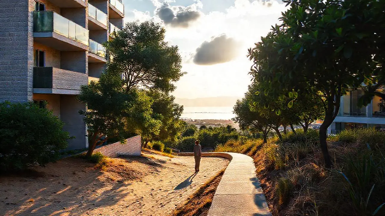 Arquitectura moderna en paisaje sereno y luminoso