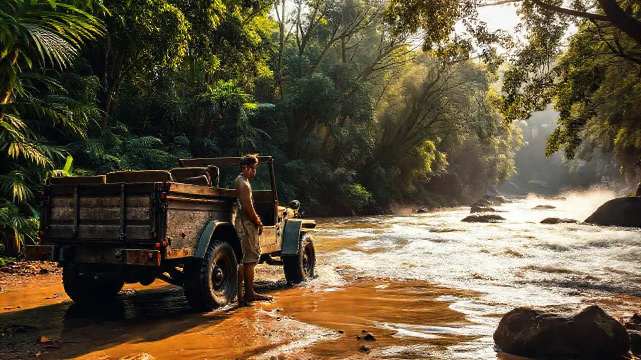 Selva exuberante, jeep, y persona en calma