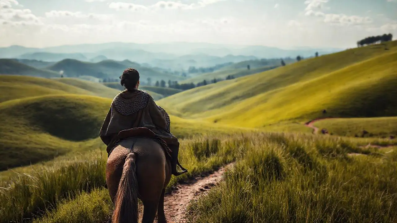 Paz rural, un jinete en un paisaje