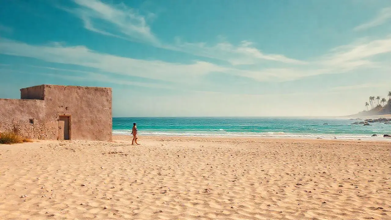 Playa tranquila, luz suave, y vastedad serena