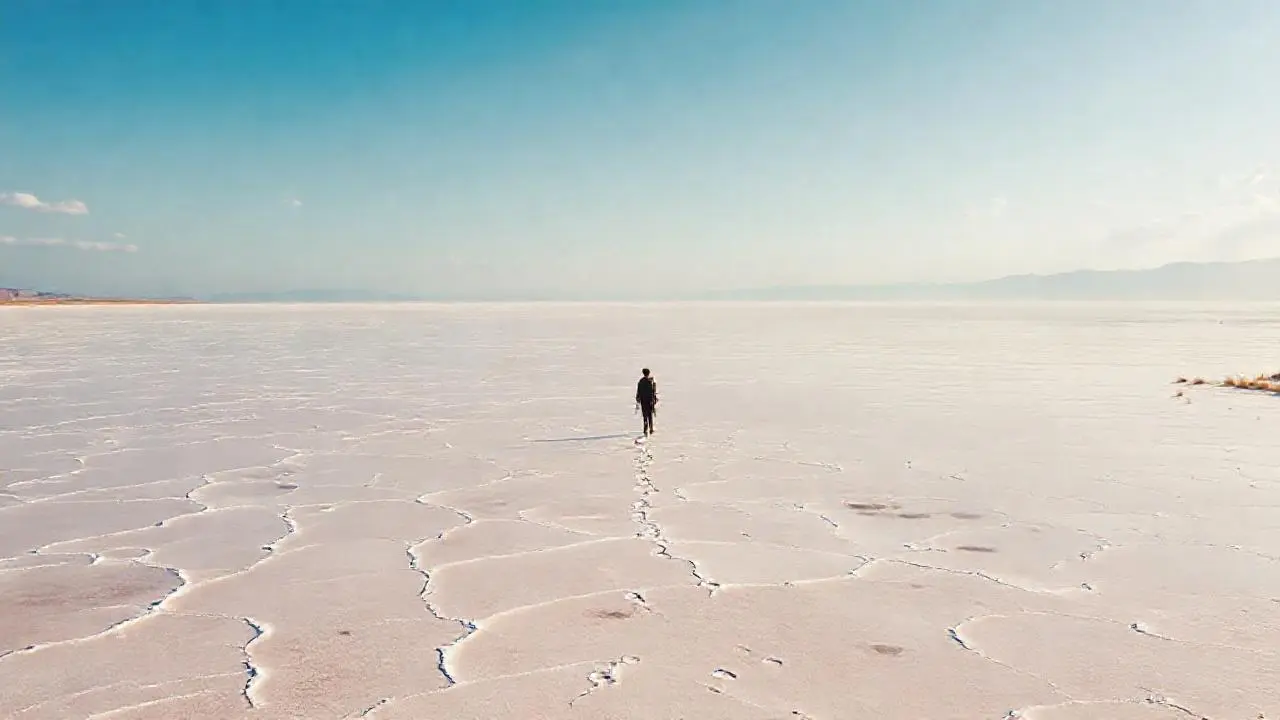 Inmensa salina rosada, calma y lejana