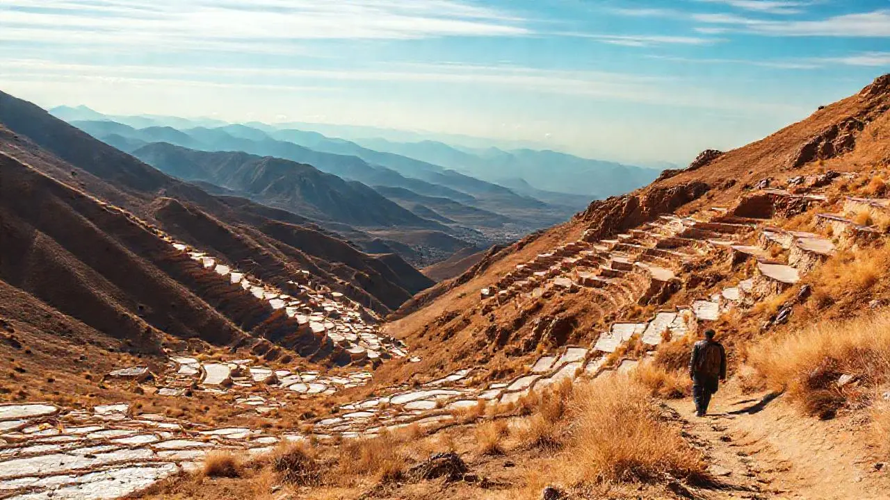 Paisaje árido, terrazas y luz suave