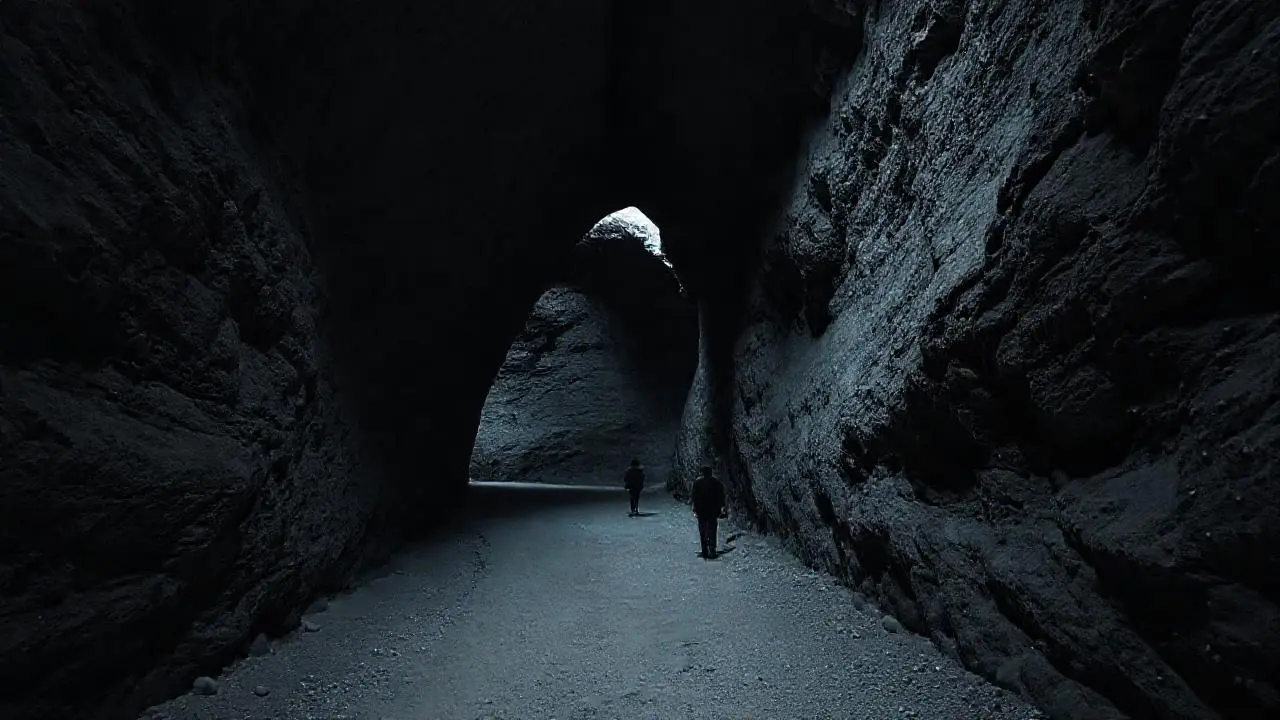 Profunda cueva, figura solitaria avanza