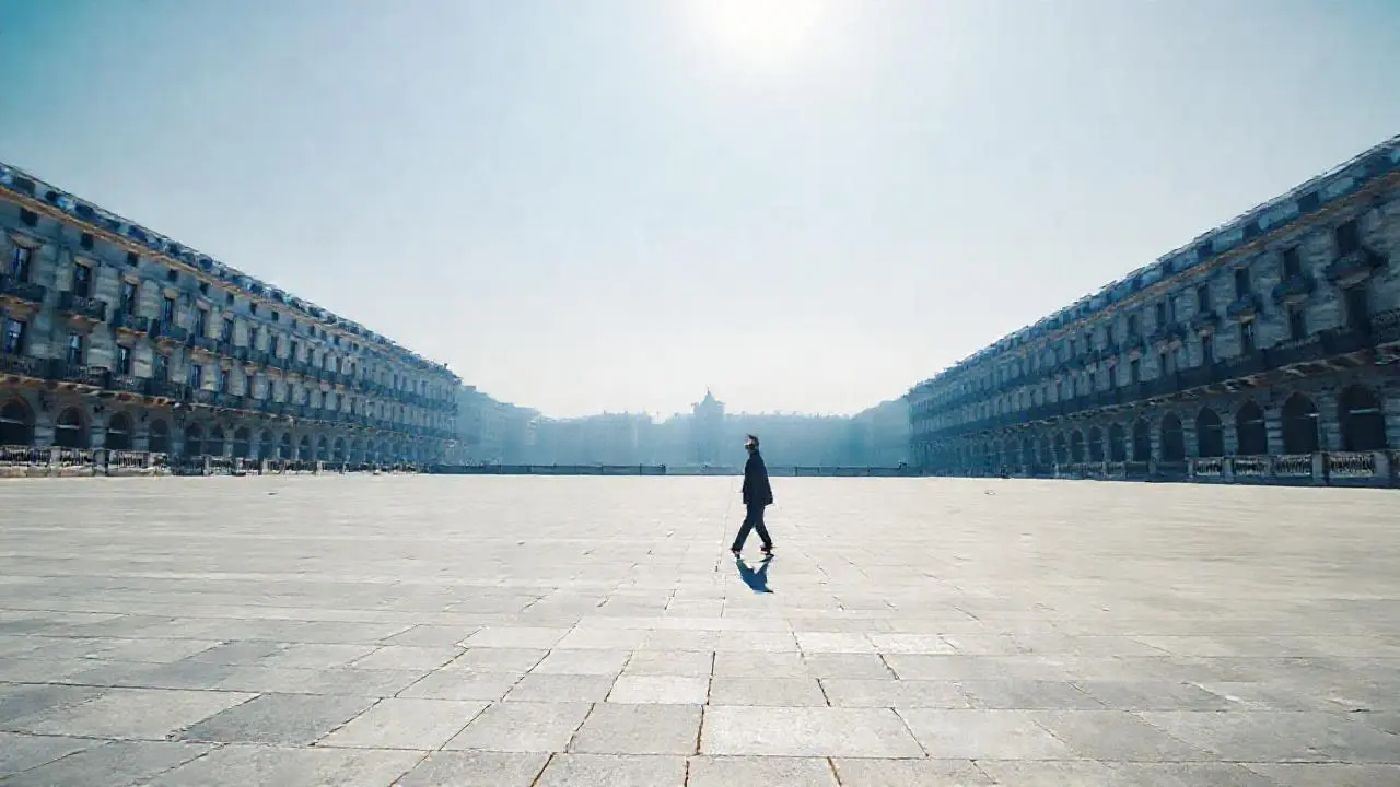 Plaza urbana tranquila, luminosa y serena