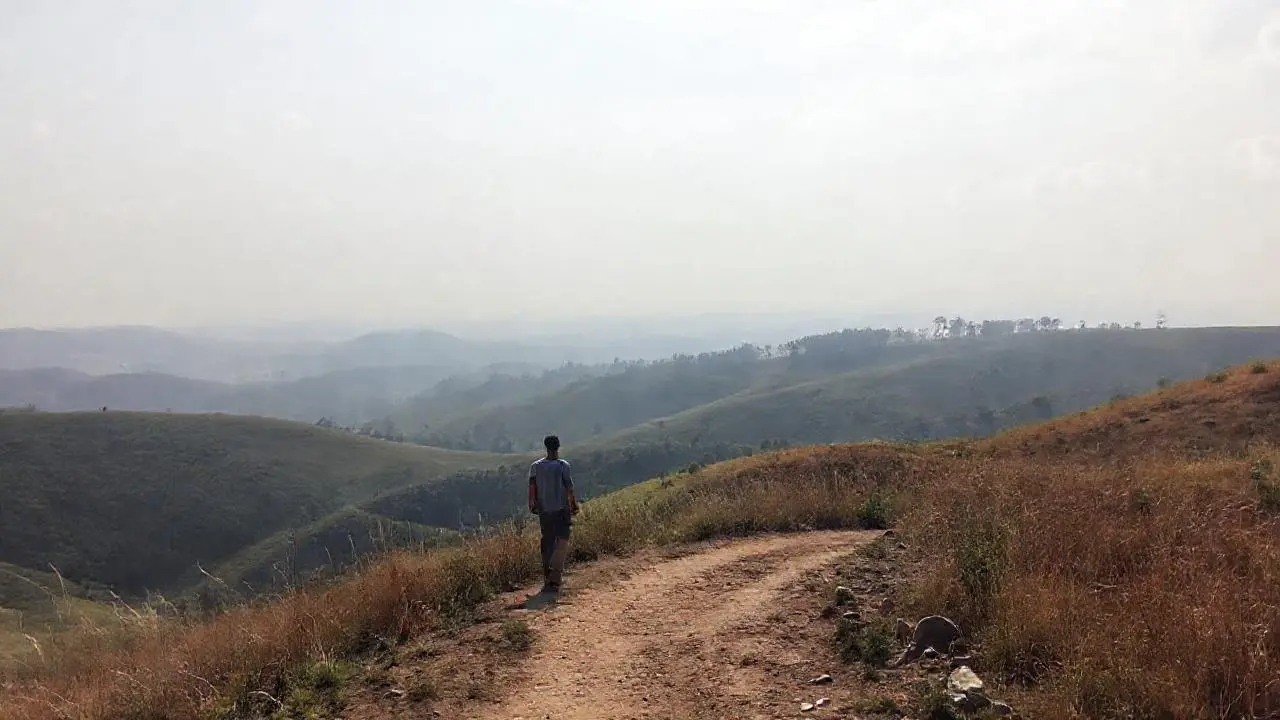 Paisaje sereno, figura caminando hacia el horizonte
