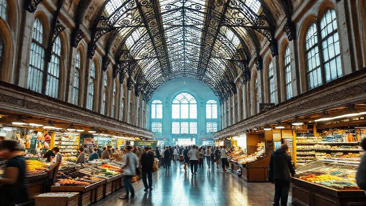 Mercado bullicioso, arquitectura detallada y natural