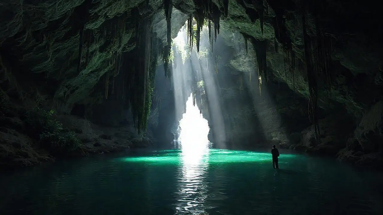 Profunda cueva, luz turquesa y quietud