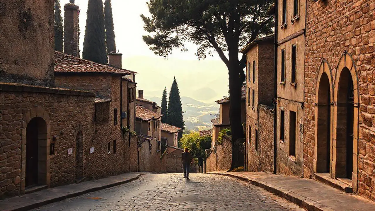 Pueblo antiguo, tranquilo y brumoso