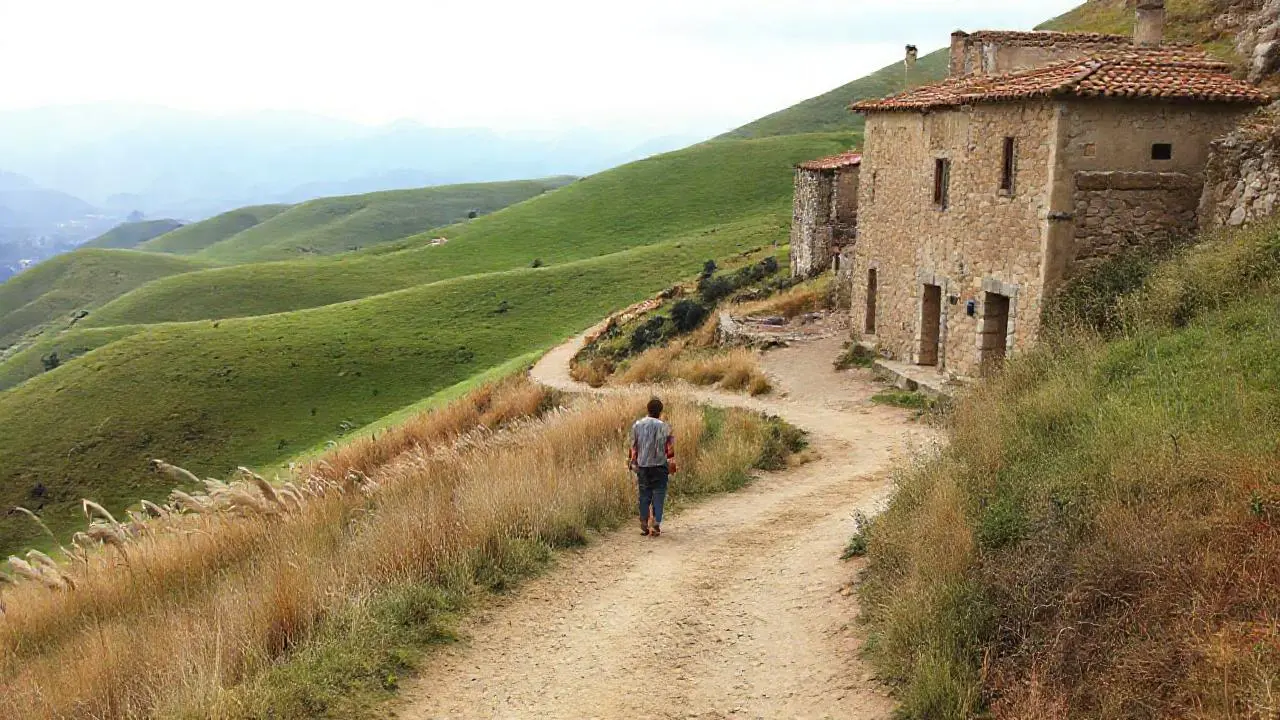 Paisaje rural sereno y ligeramente brumoso