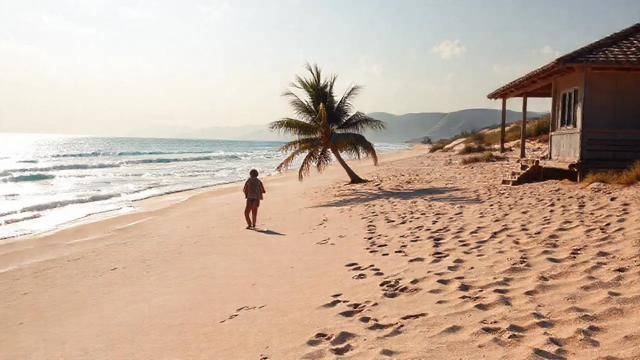 Playa serena, luz cálida, ambiente relajante