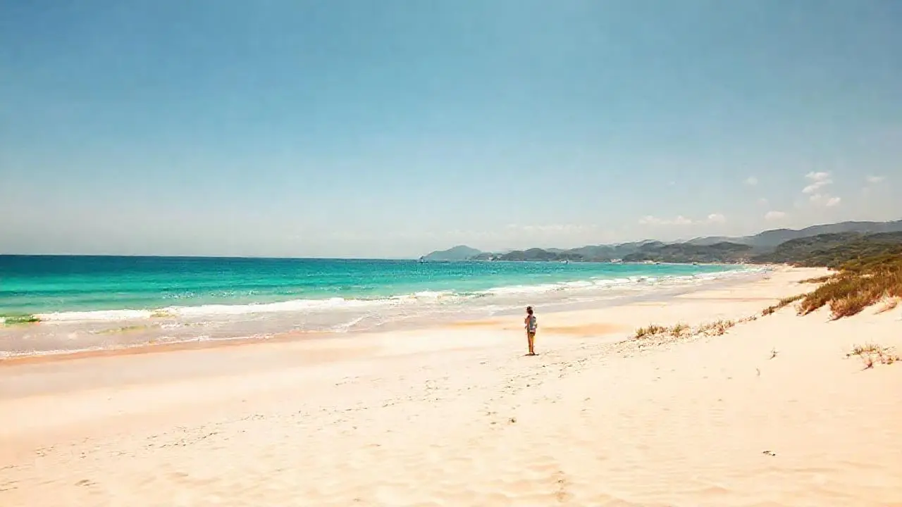 Playa serena, luz cálida, calma natural
