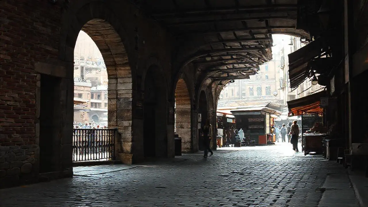 Escena urbana antigua, tranquila y llena de historia