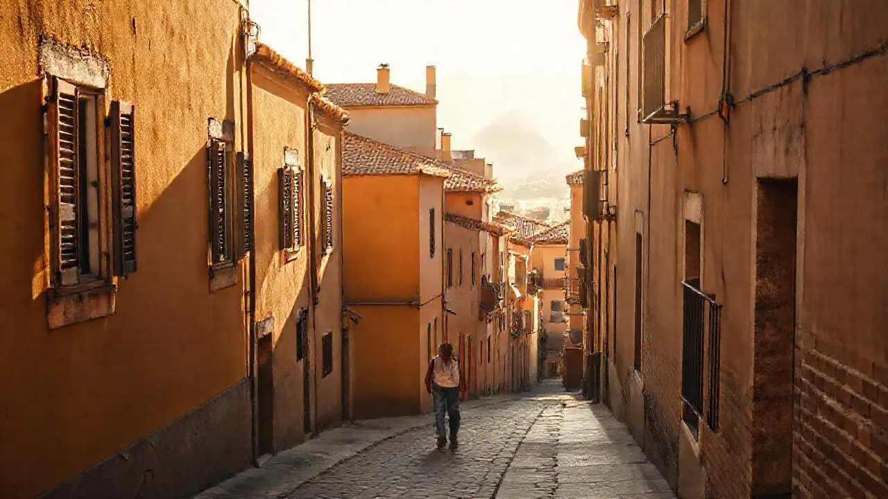 Pueblo mediterráneo tranquilo bajo la luz cálida
