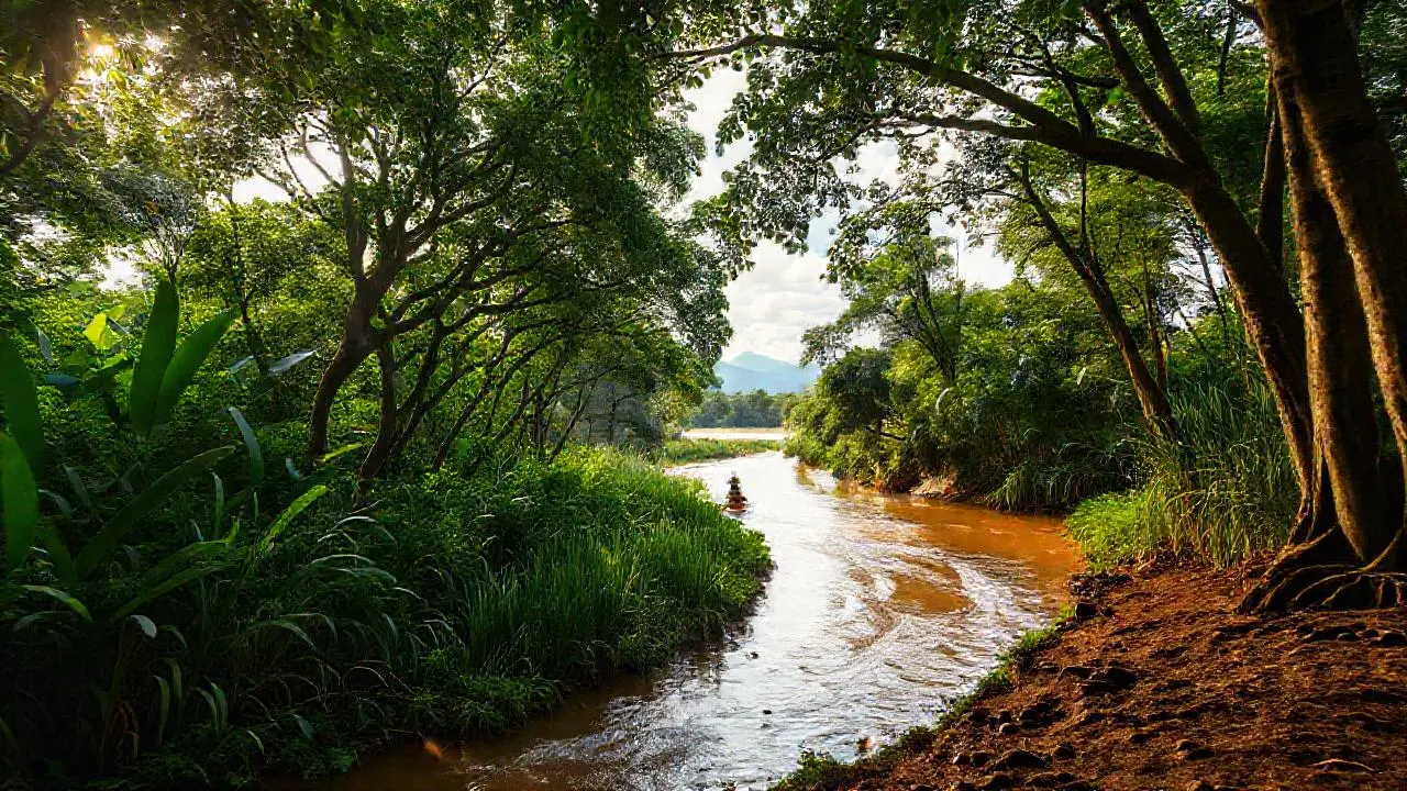 Selva exuberante, río, kayakista, luz cálida