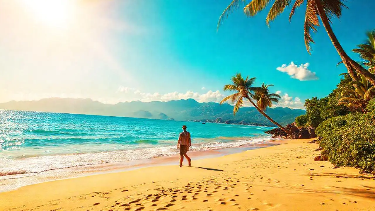 Playa serena, luz cálida y horizonte amplio