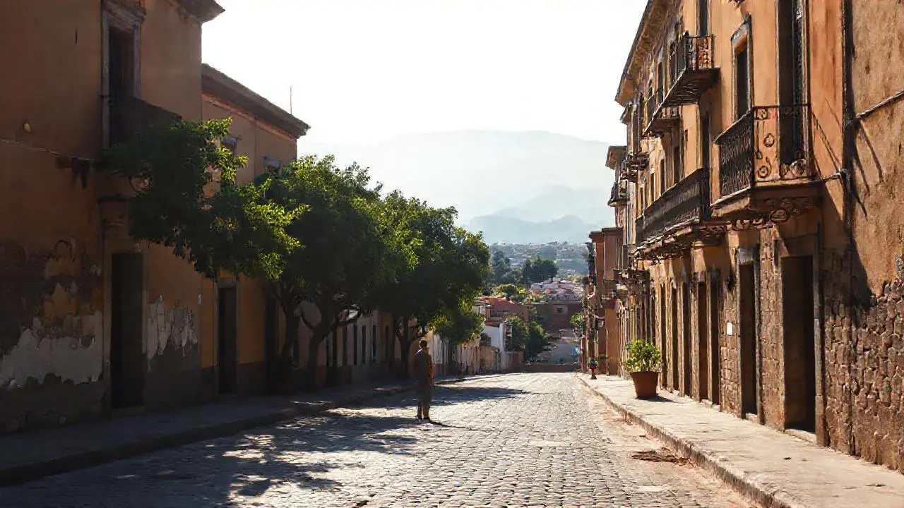 Pueblo colonial, luz cálida y ambiente sereno
