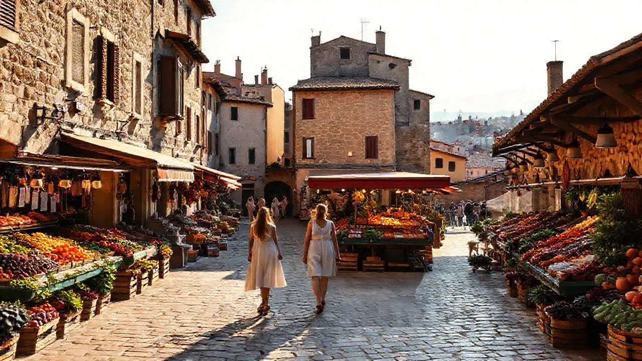 Un mercado vibrante y tranquilo en piedra