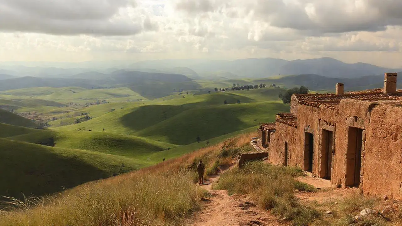Paisaje rural sereno y brumoso