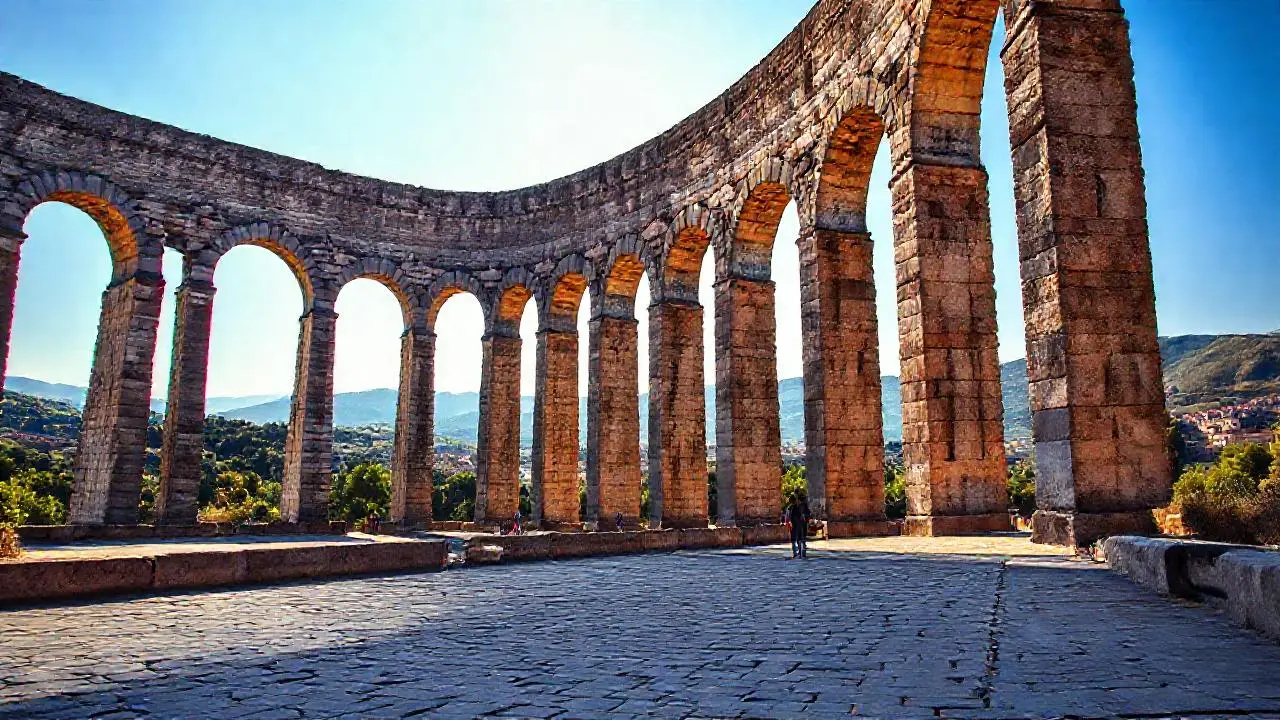Antiguo acueducto de piedra en paisaje sereno