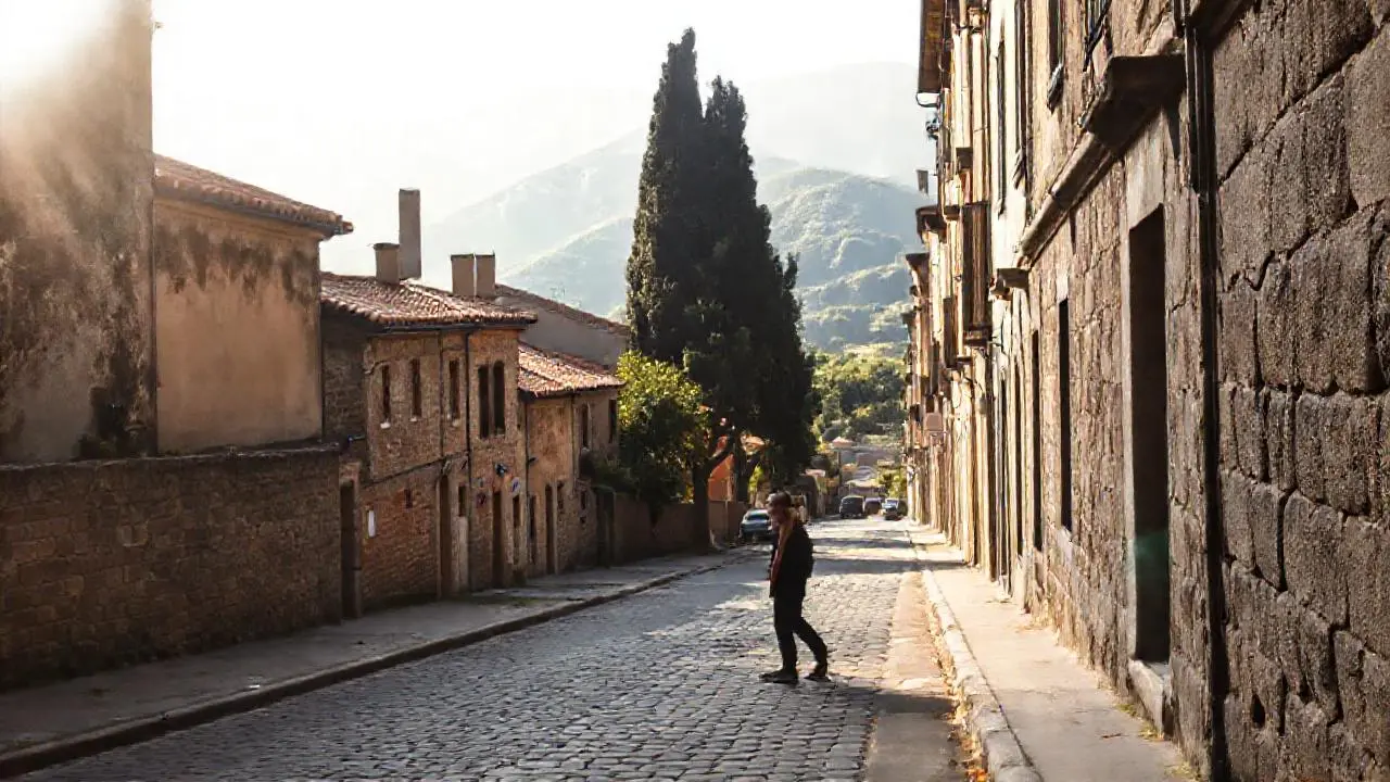 Calle antigua, tranquila y ligeramente borrosa