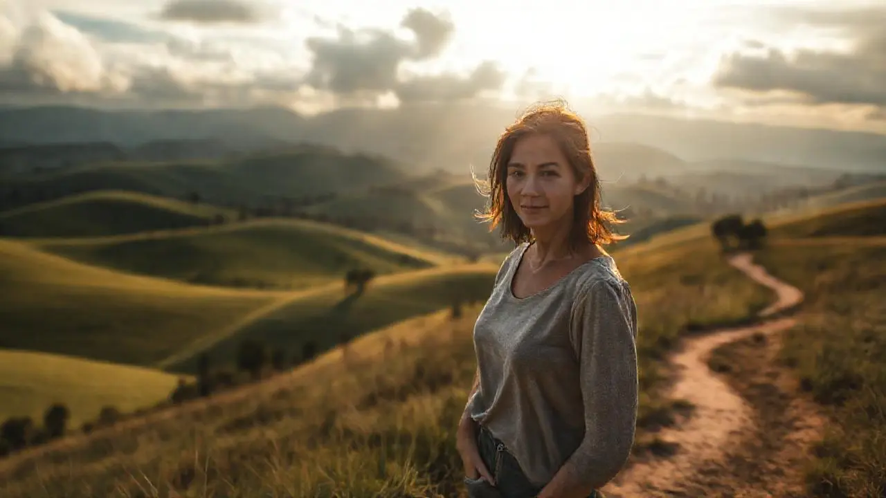 Paisaje sereno con mujer en calma