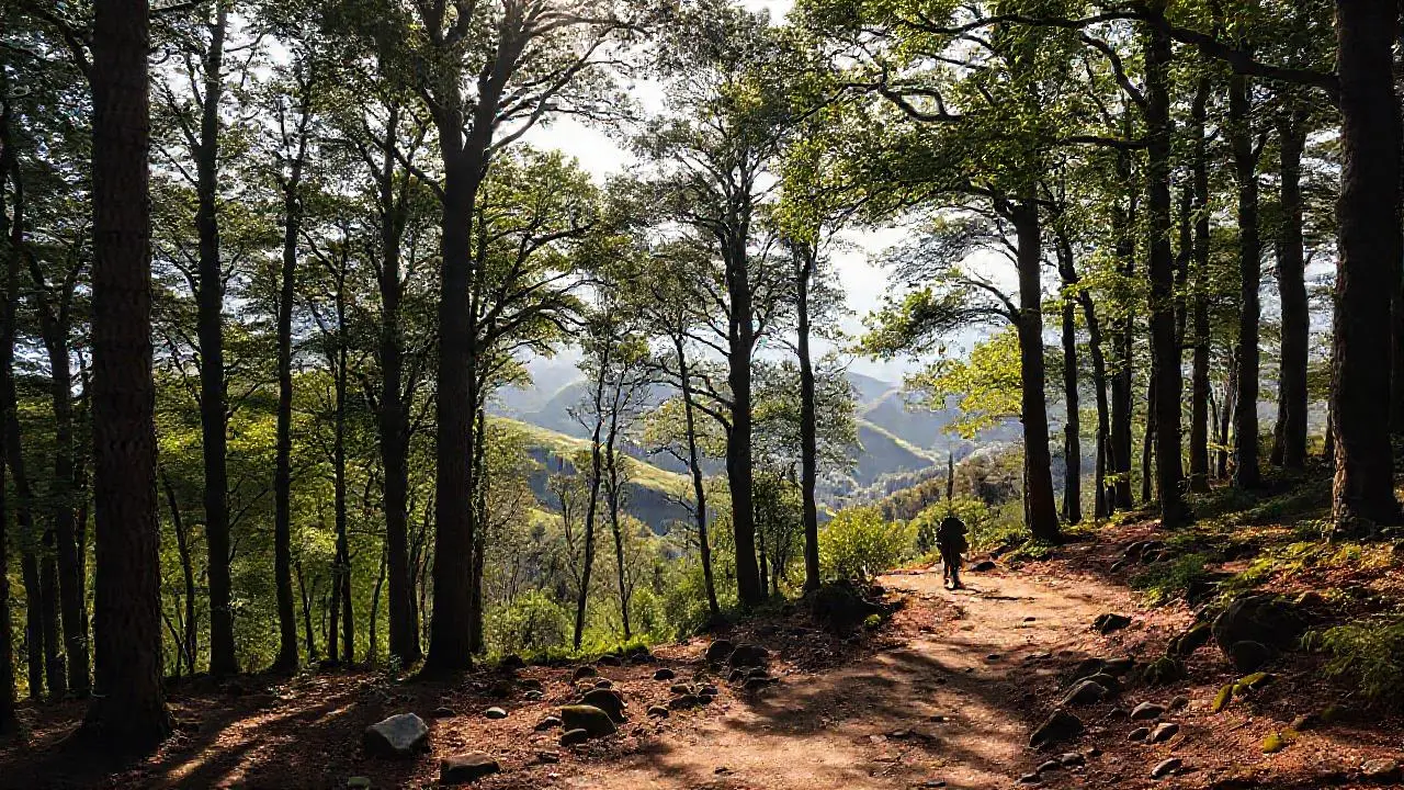 Bosque sereno, figura solitaria, vista extensa