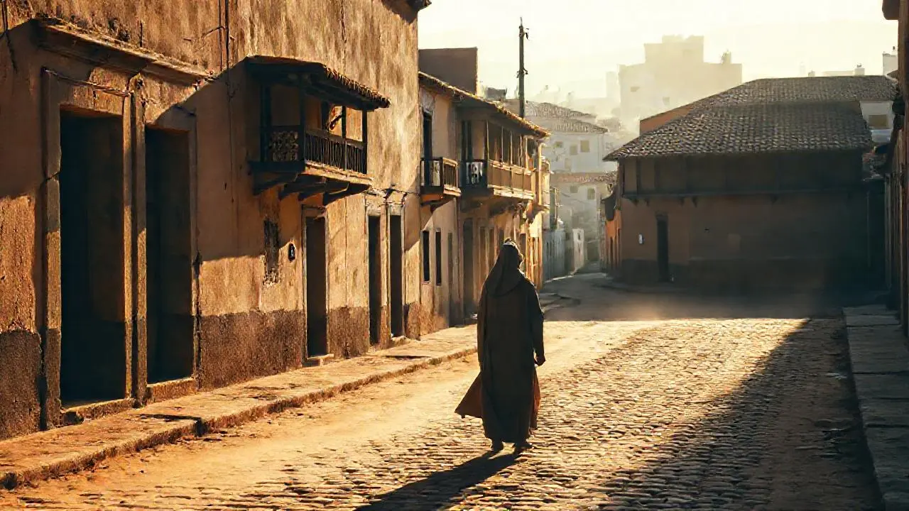 Calle colonial, luz cálida y silenciosa