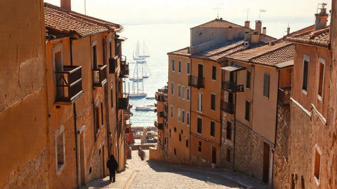Pueblo costero antiguo, cálido y sereno